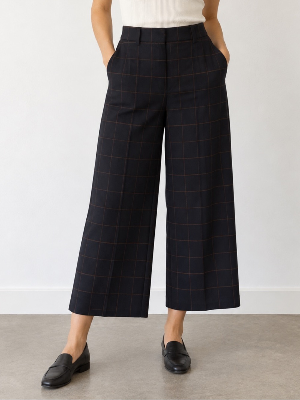 Banana Republic Windowpane Plaid High Rise Crop Wide Leg Trouser Pant Navy 4